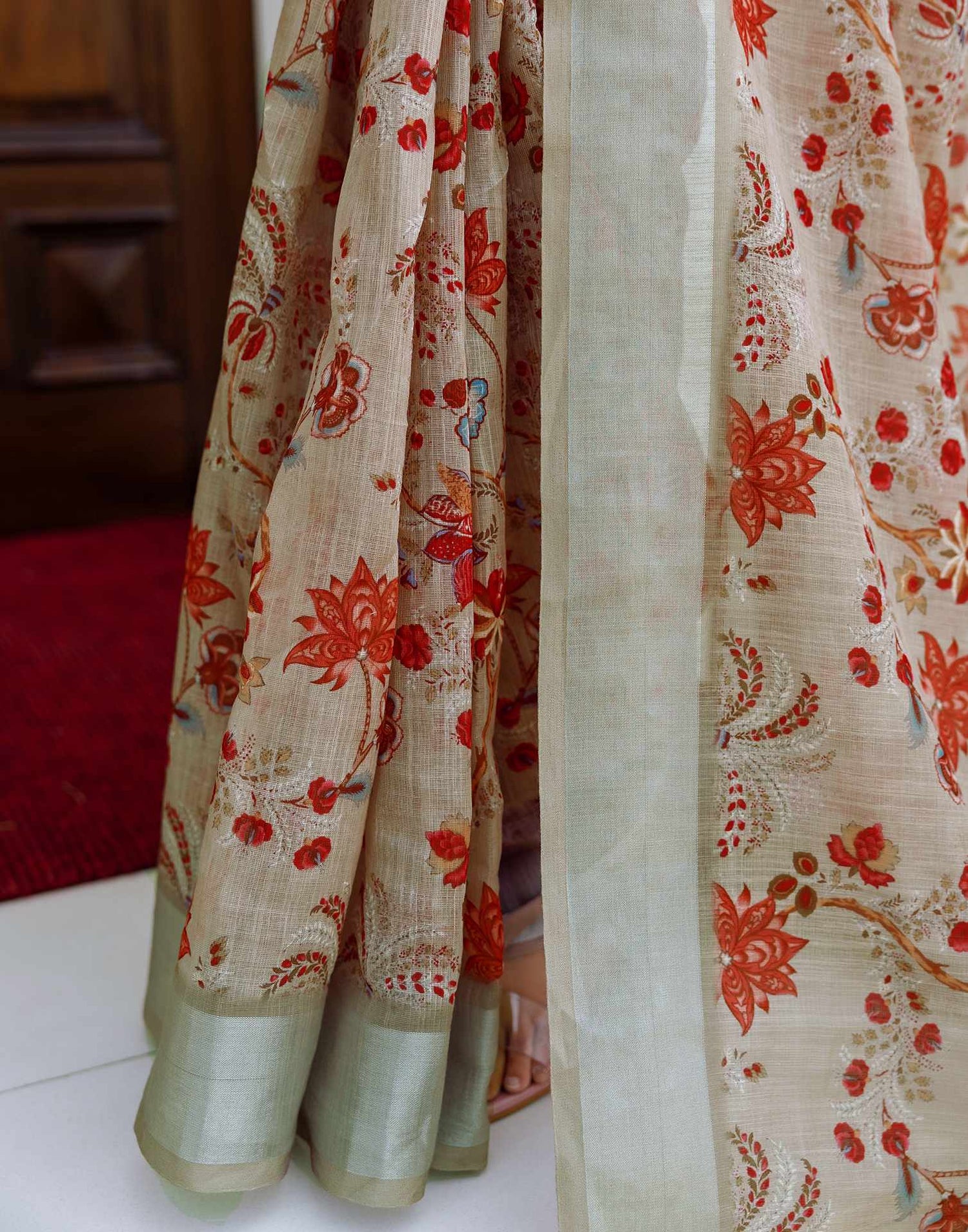 Ready To Wear Dark Beige Linen Woven Border Printed Saree