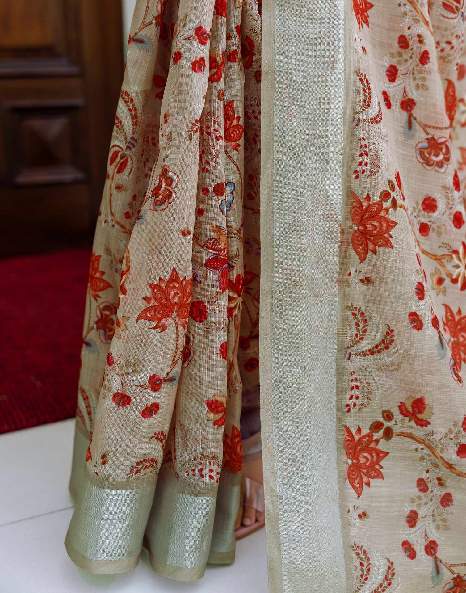 Ready To Wear Dark Beige Linen Woven Border Printed Saree