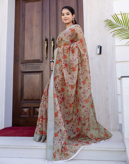Ready To Wear Dark Beige Linen Woven Border Printed Saree
