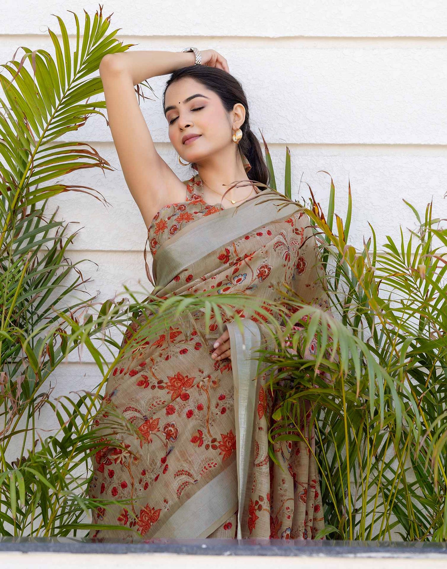 Ready To Wear Dark Beige Linen Woven Border Printed Saree