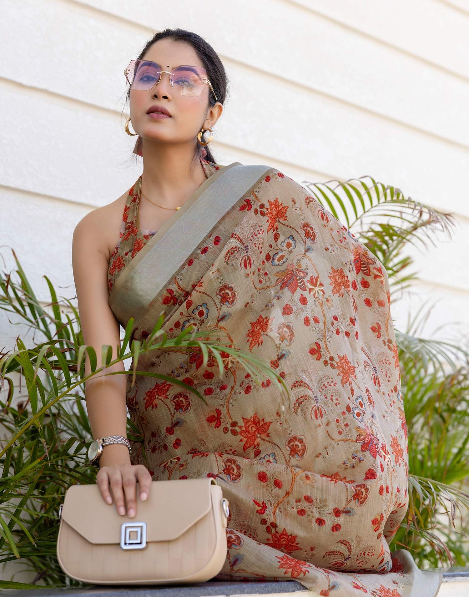 Ready To Wear Dark Beige Linen Woven Border Printed Saree