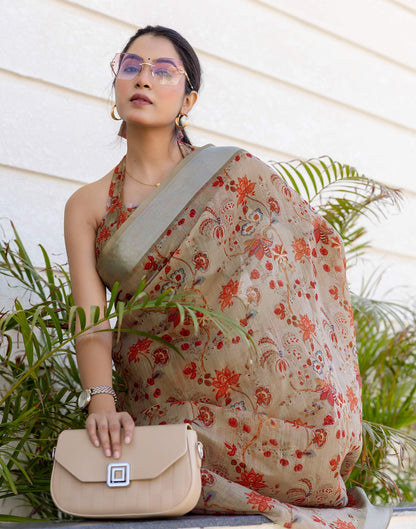 Ready To Wear Dark Beige Linen Woven Border Printed Saree