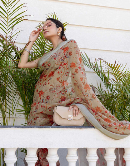 Ready To Wear Dark Beige Linen Woven Border Printed Saree