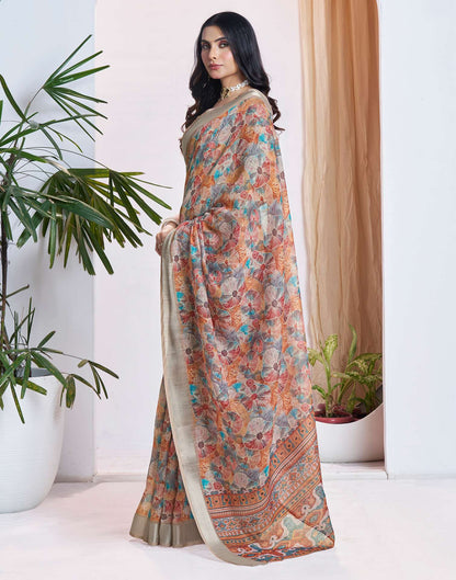 Ready To Wear Light Brown Linen Woven Border Printed Saree