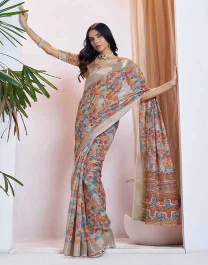 Ready To Wear Light Brown Linen Woven Border Printed Saree