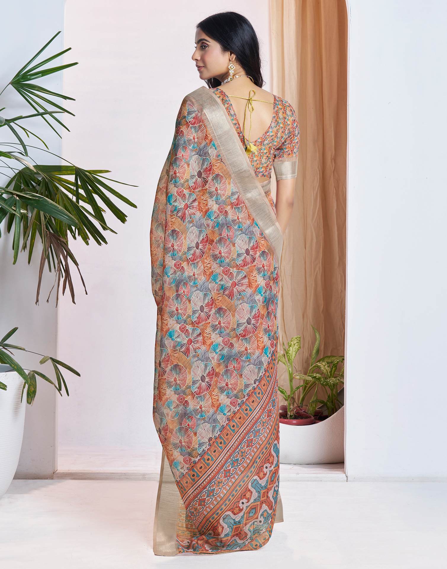 Ready To Wear Light Brown Linen Woven Border Printed Saree
