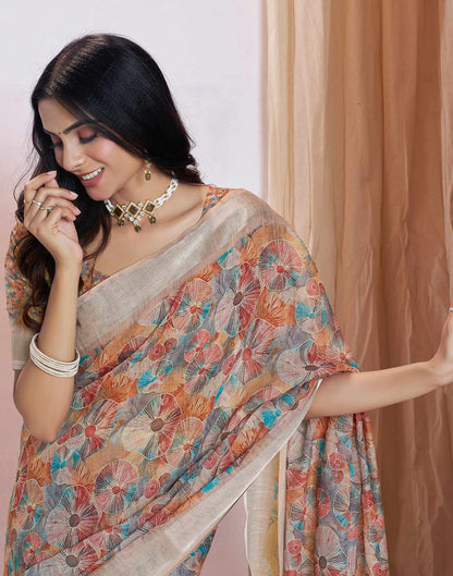 Ready To Wear Light Brown Linen Woven Border Printed Saree