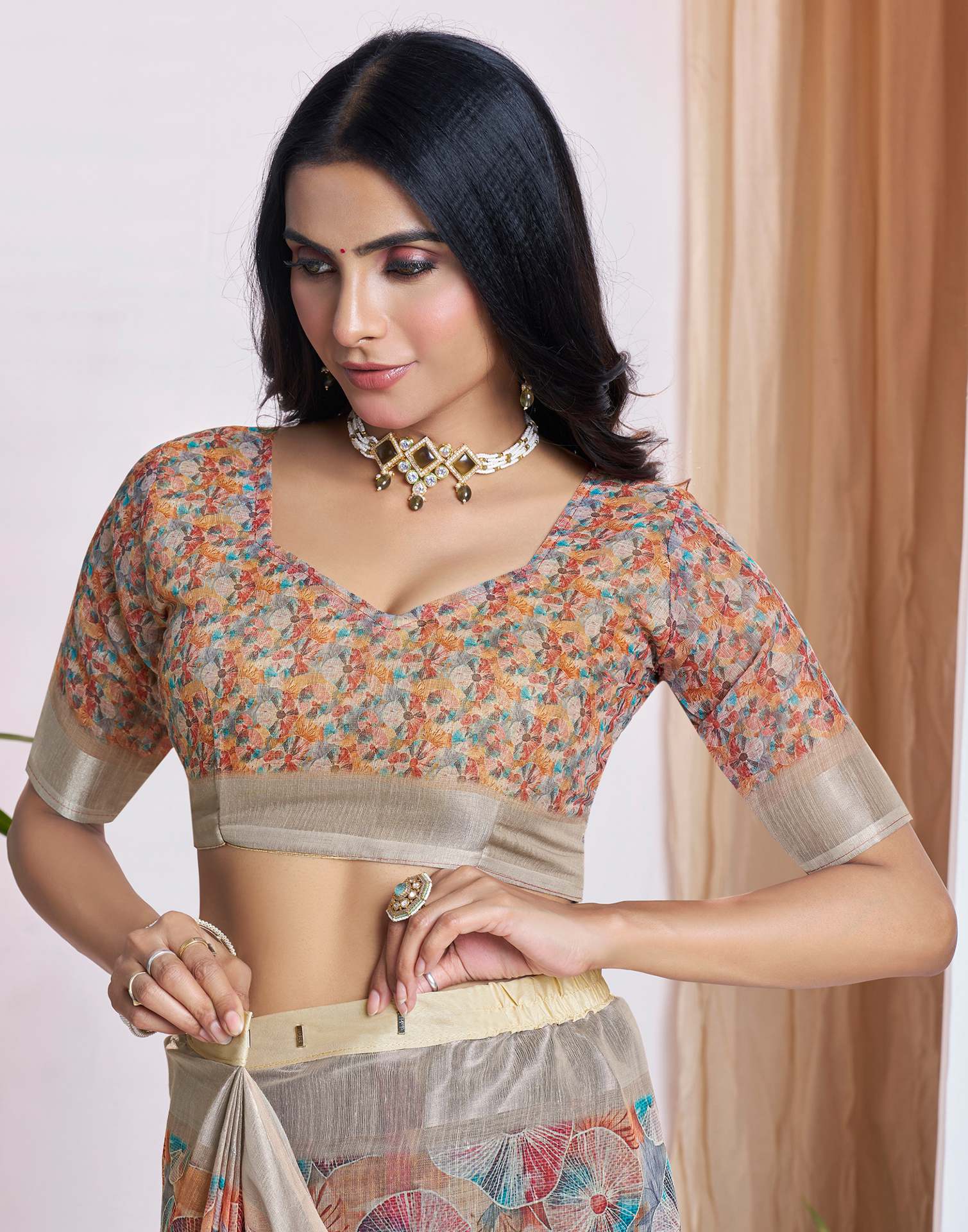 Ready To Wear Light Brown Linen Woven Border Printed Saree