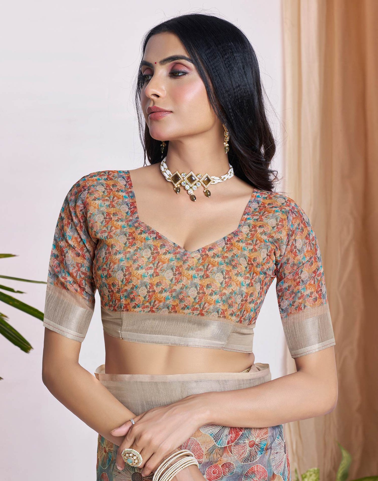 Ready To Wear Light Brown Linen Woven Border Printed Saree