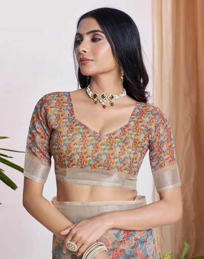 Ready To Wear Light Brown Linen Woven Border Printed Saree