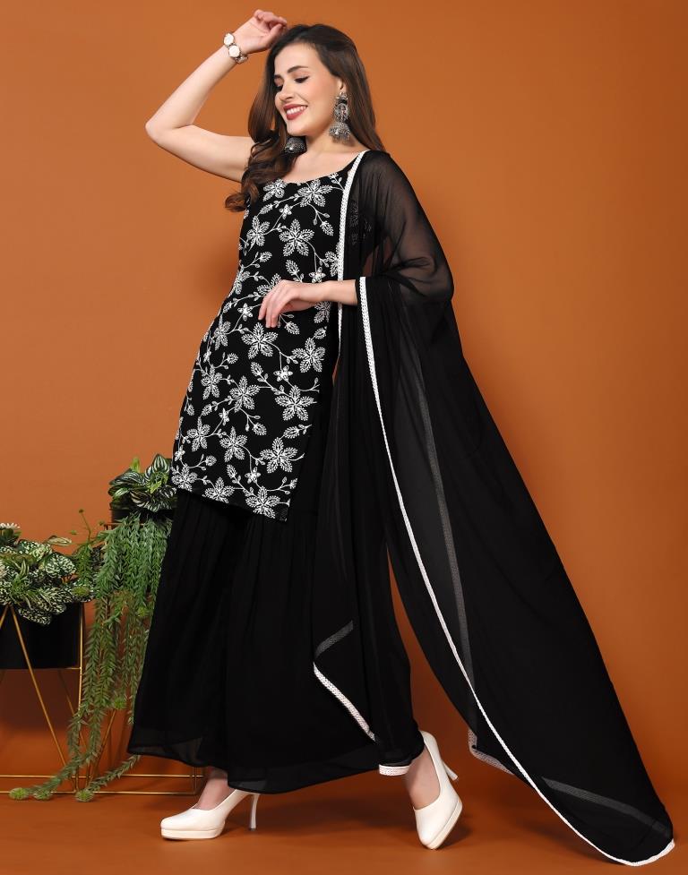 Black Plain Georgette Straight Kurta Set With Dupatta