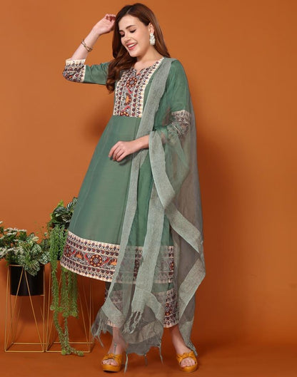 Hazel Green Chinnon Embroidery Straight Kurta With Pant And Dupatta