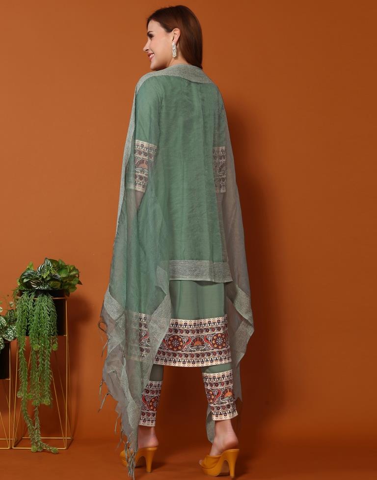 Hazel Green Chinnon Embroidery Straight Kurta With Pant And Dupatta