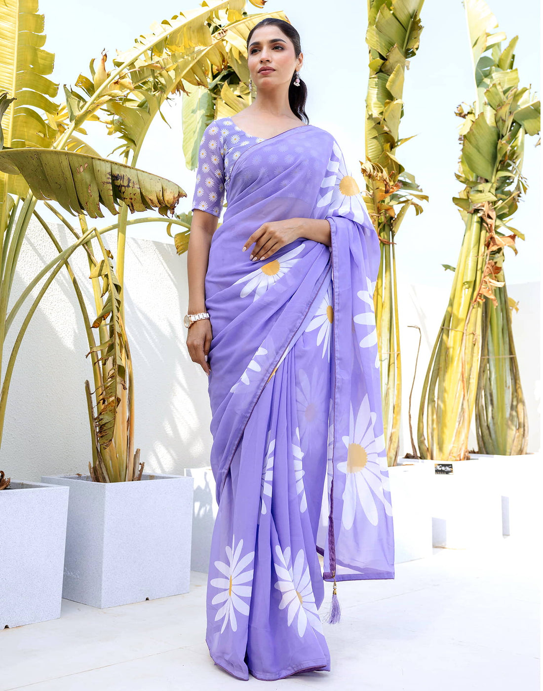 Ready To Wear Light Purple Georgette Floral Printed Saree
