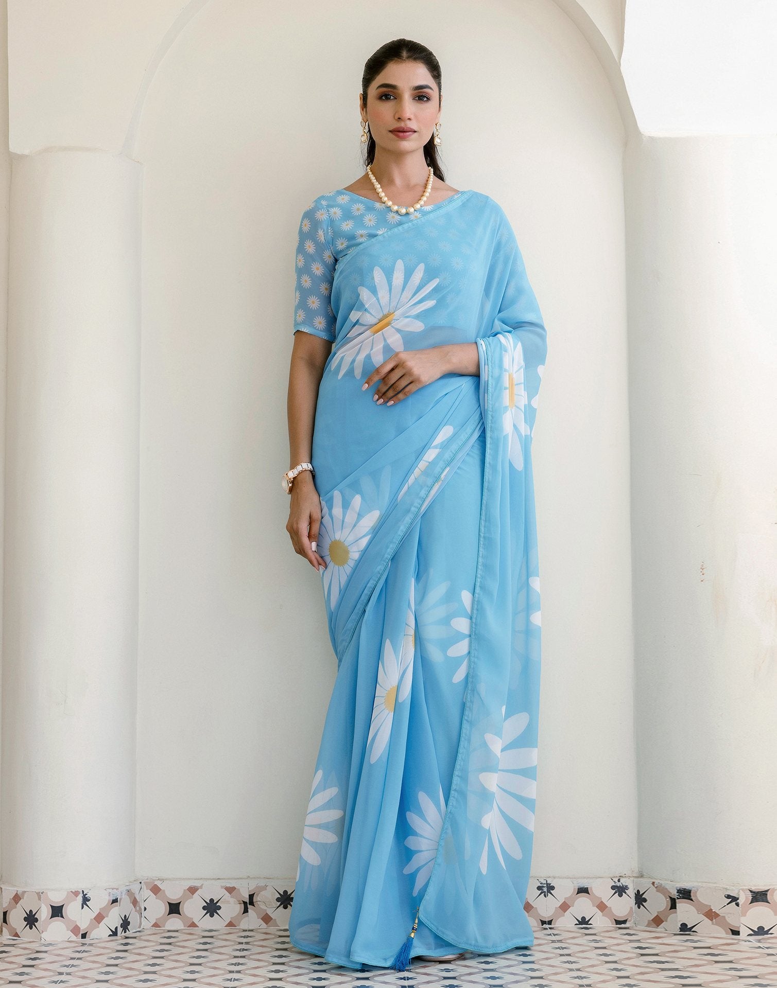 Ready To Wear Light Blue Georgette Floral Printed Saree
