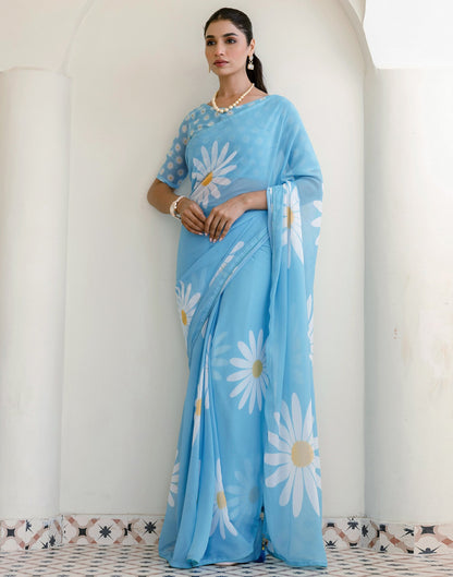 Ready To Wear Light Blue Georgette Floral Printed Saree