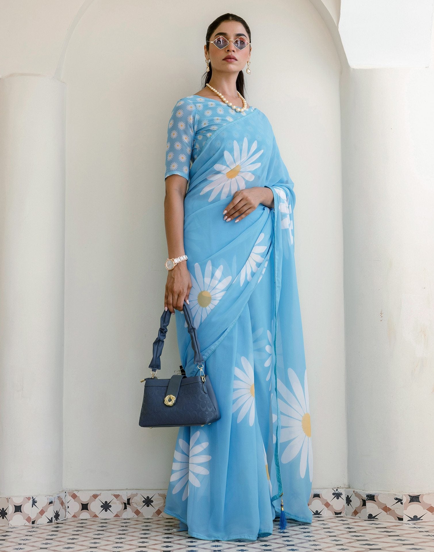 Ready To Wear Light Blue Georgette Floral Printed Saree
