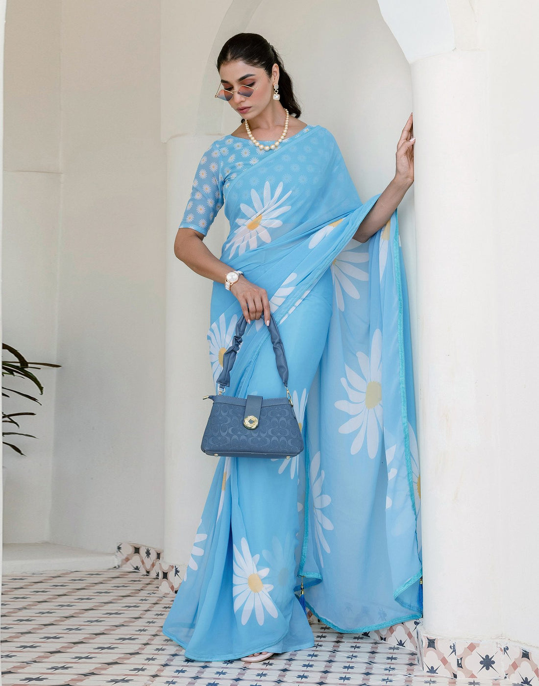 Ready To Wear Light Blue Georgette Floral Printed Saree
