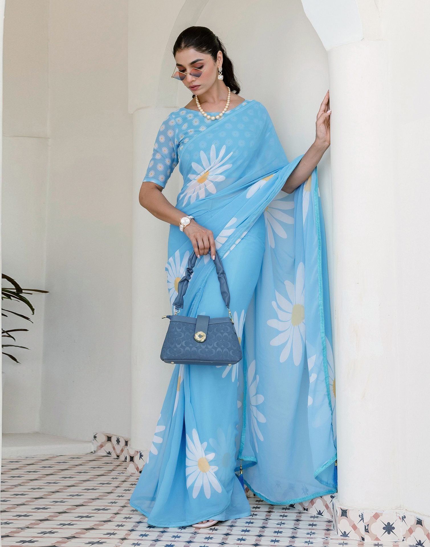 Ready To Wear Light Blue Georgette Floral Printed Saree