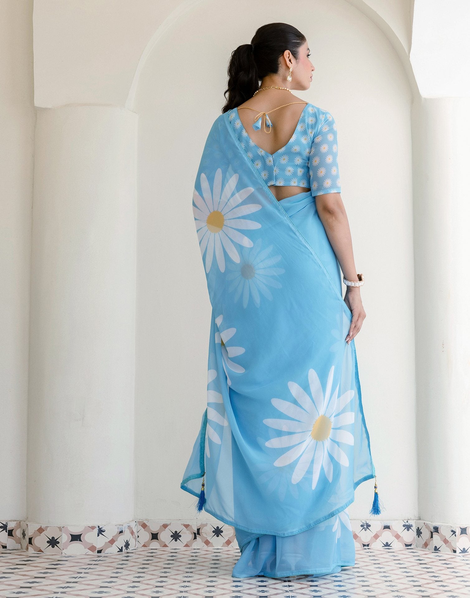 Ready To Wear Light Blue Georgette Floral Printed Saree
