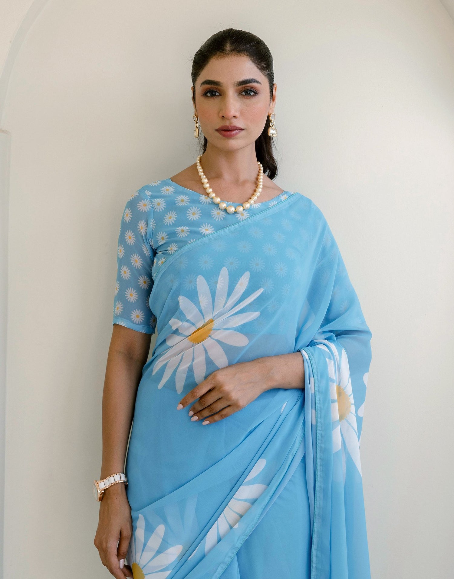 Ready To Wear Light Blue Georgette Floral Printed Saree