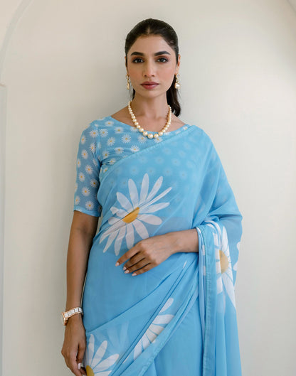 Ready To Wear Light Blue Georgette Floral Printed Saree