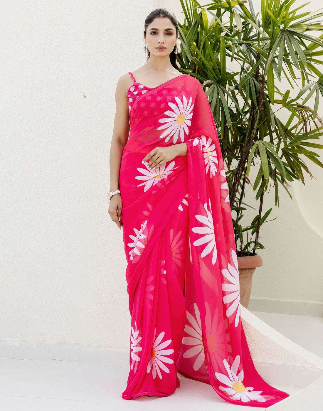 Ready To Wear Pink Georgette Floral Printed Saree