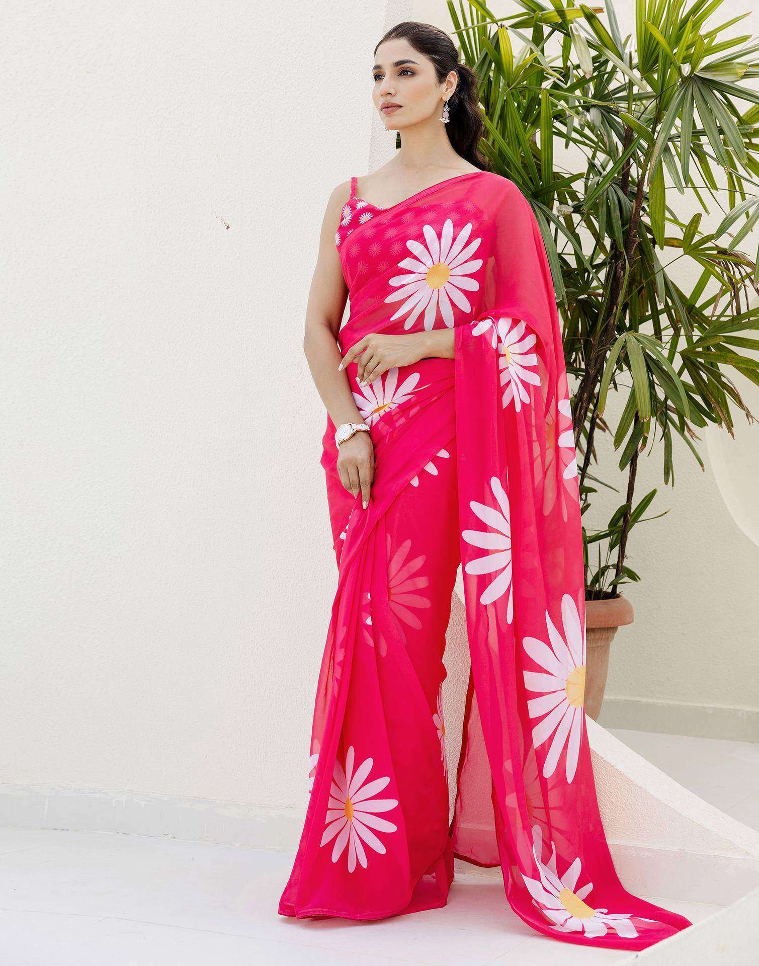 Ready To Wear Pink Georgette Floral Printed Saree