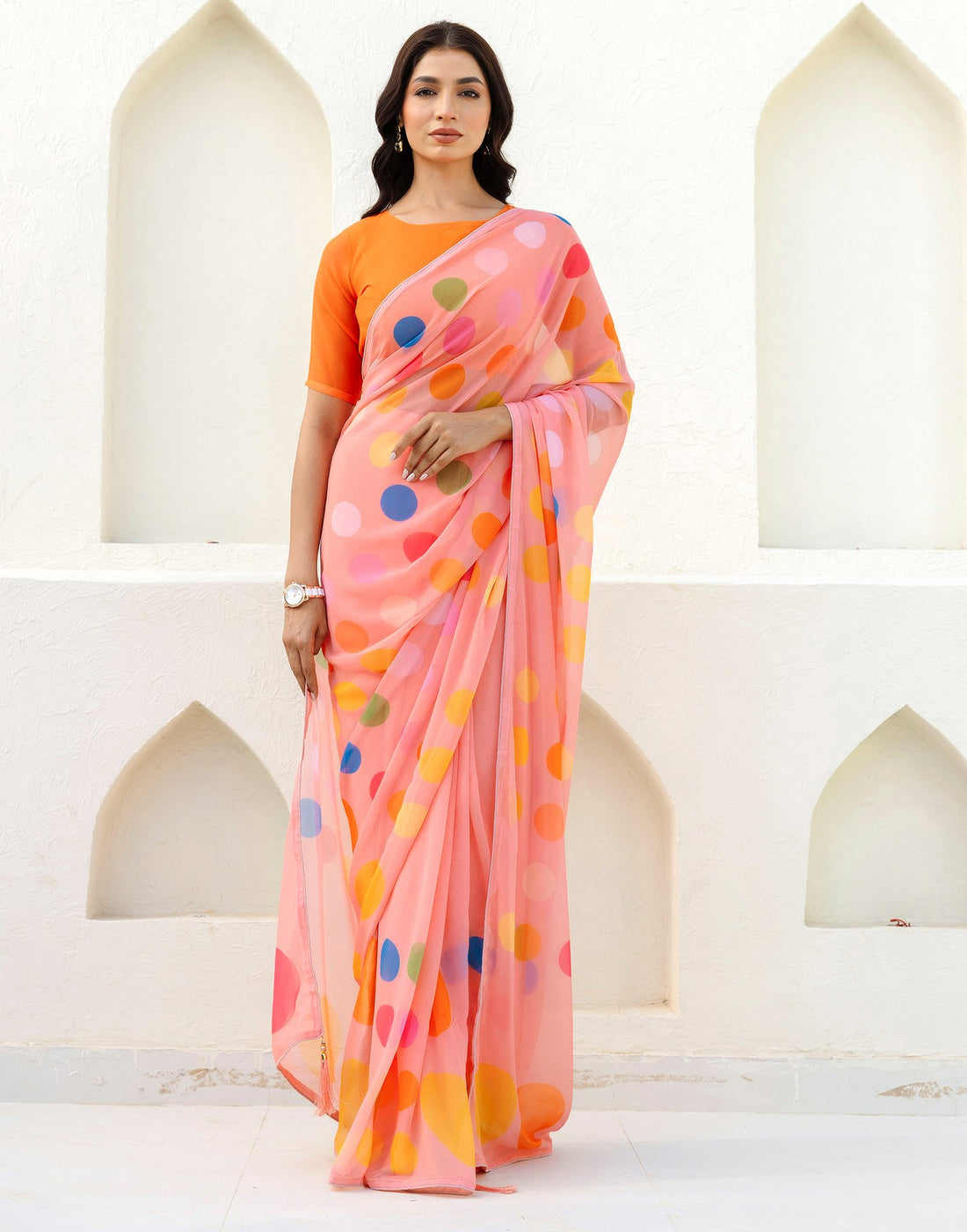 Ready To Wear Light Peach Georgette Printed Saree