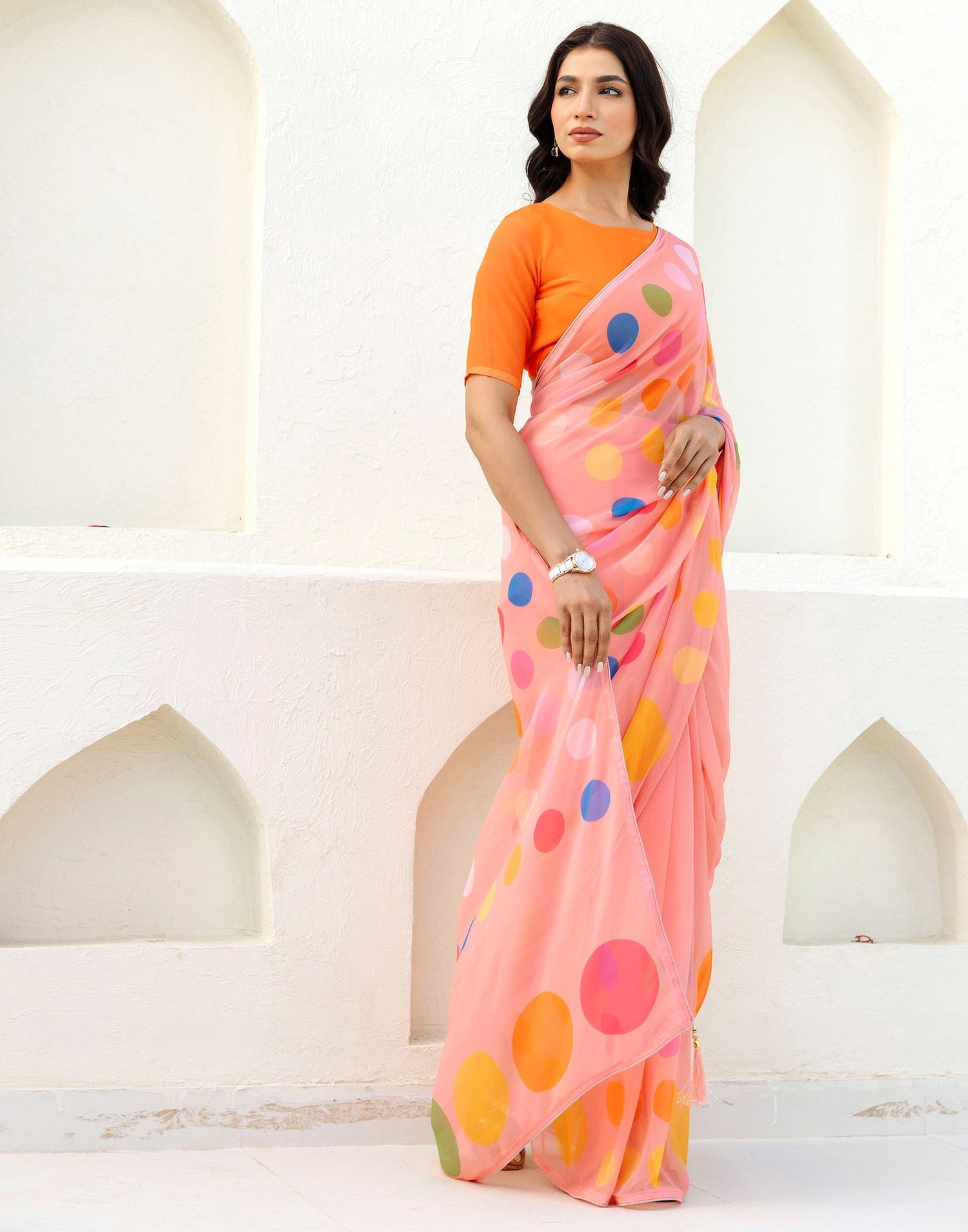 Ready To Wear Light Peach Georgette Printed Saree