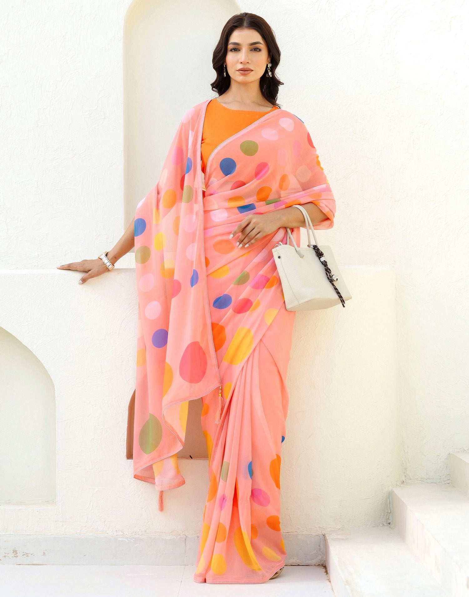 Ready To Wear Light Peach Georgette Printed Saree