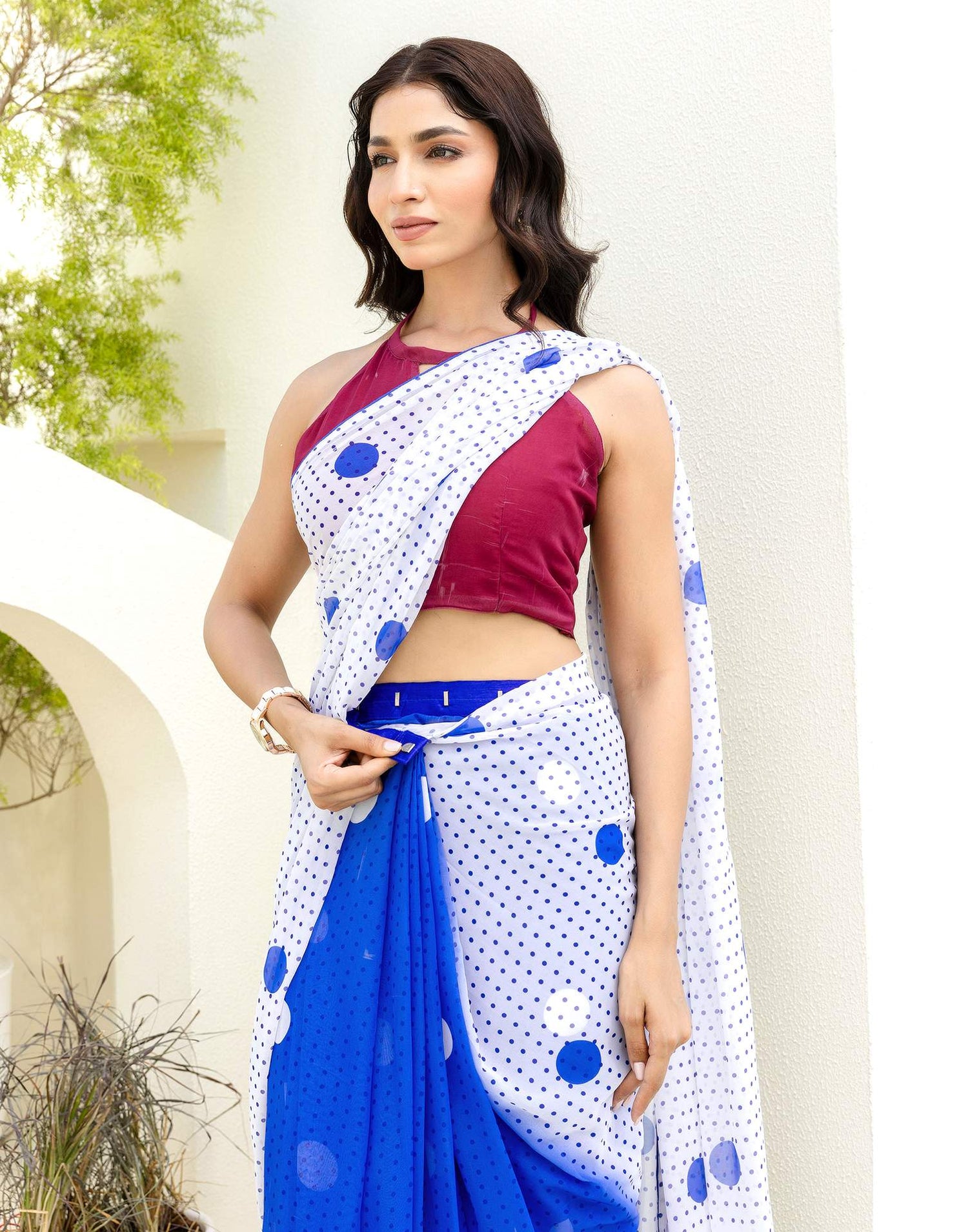 Ready To Wear White Georgette Printed Saree