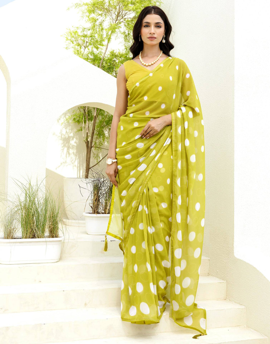Ready To Wear Lime Green Georgette Printed Saree