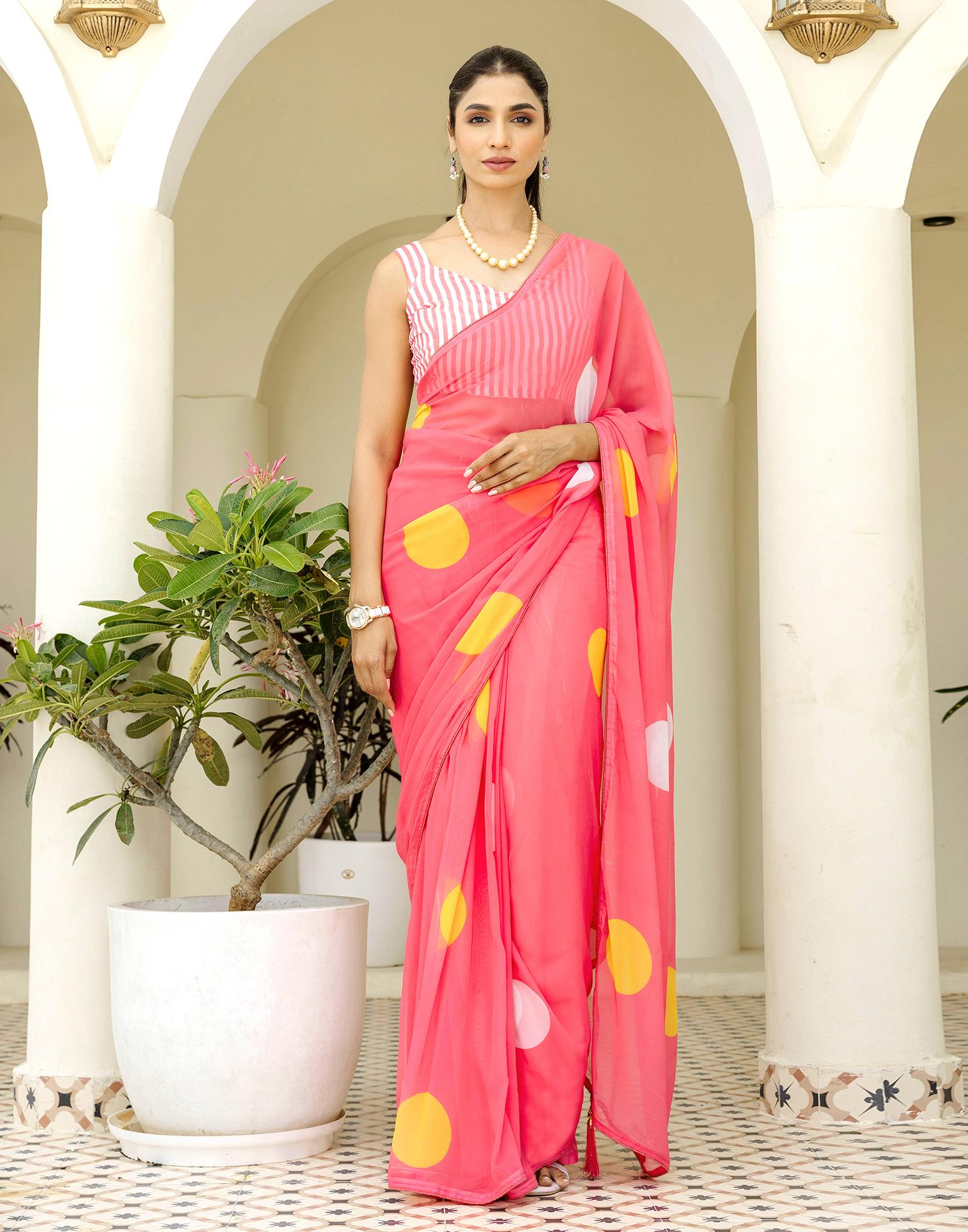 Ready To Wear Blush Pink Georgette Printed Saree