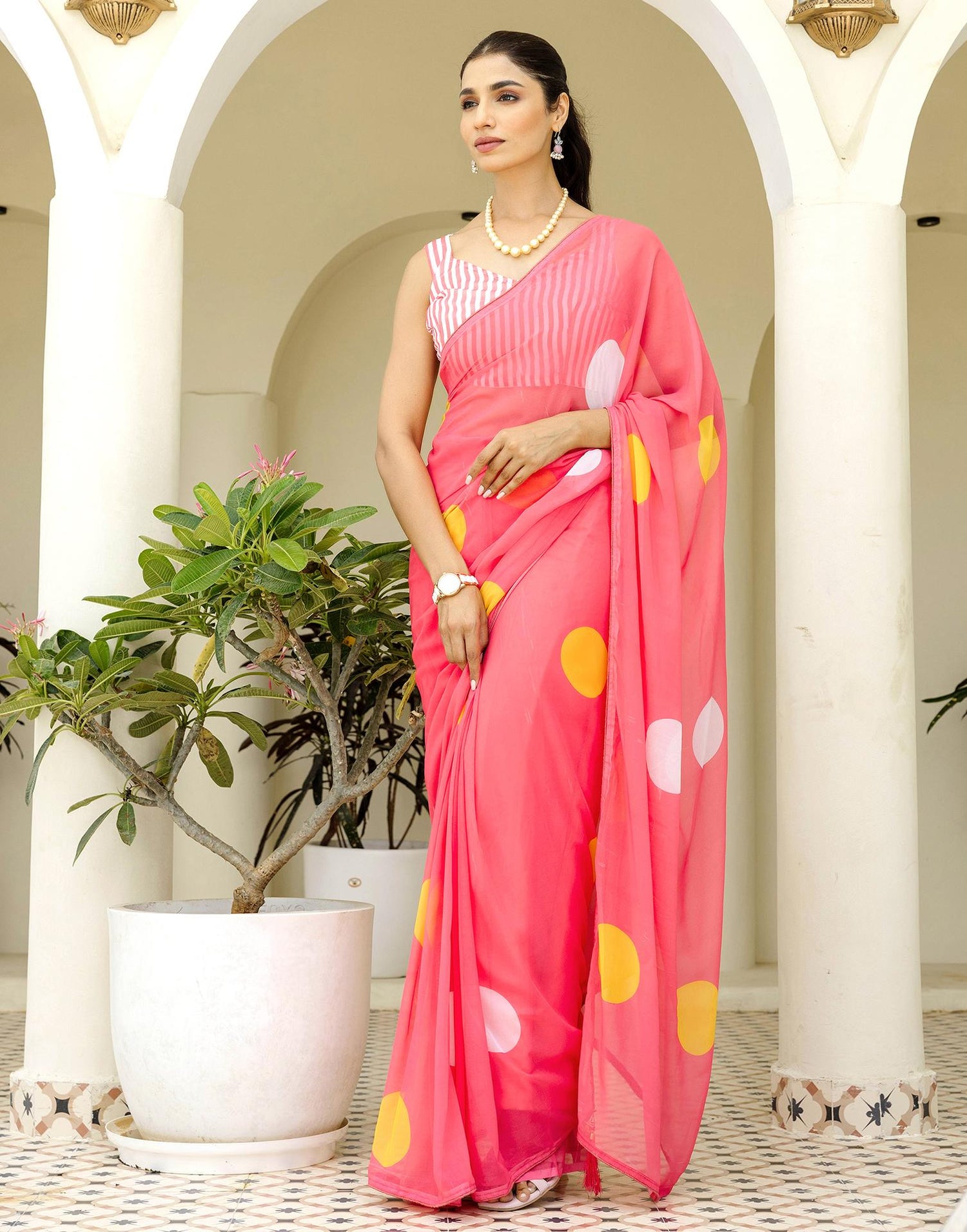 Ready To Wear Blush Pink Georgette Printed Saree