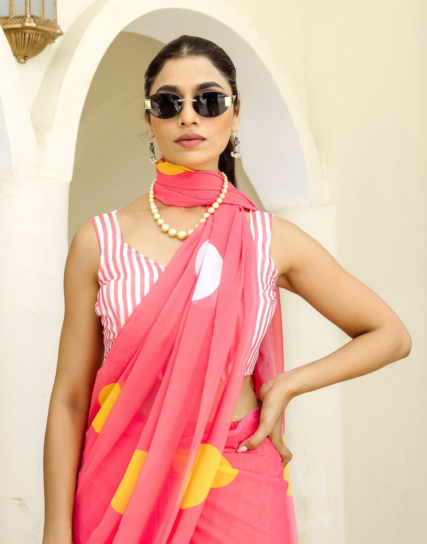 Ready To Wear Blush Pink Georgette Printed Saree