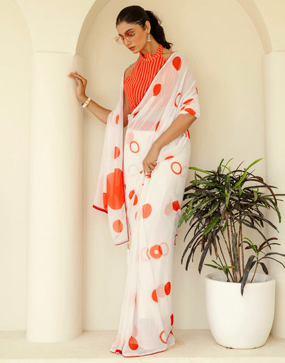 Ready To Wear White Georgette Printed Saree