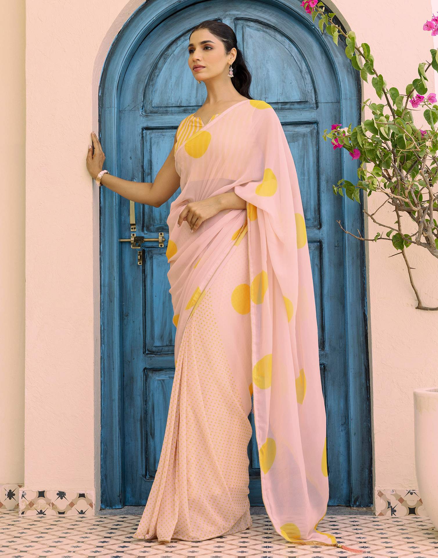 Ready To Wear Dark Cream Georgette Printed Saree