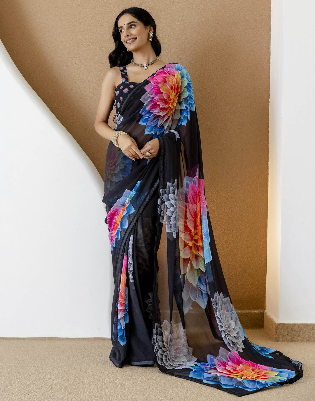 Ready To Wear Black Georgette Floral Printed Saree