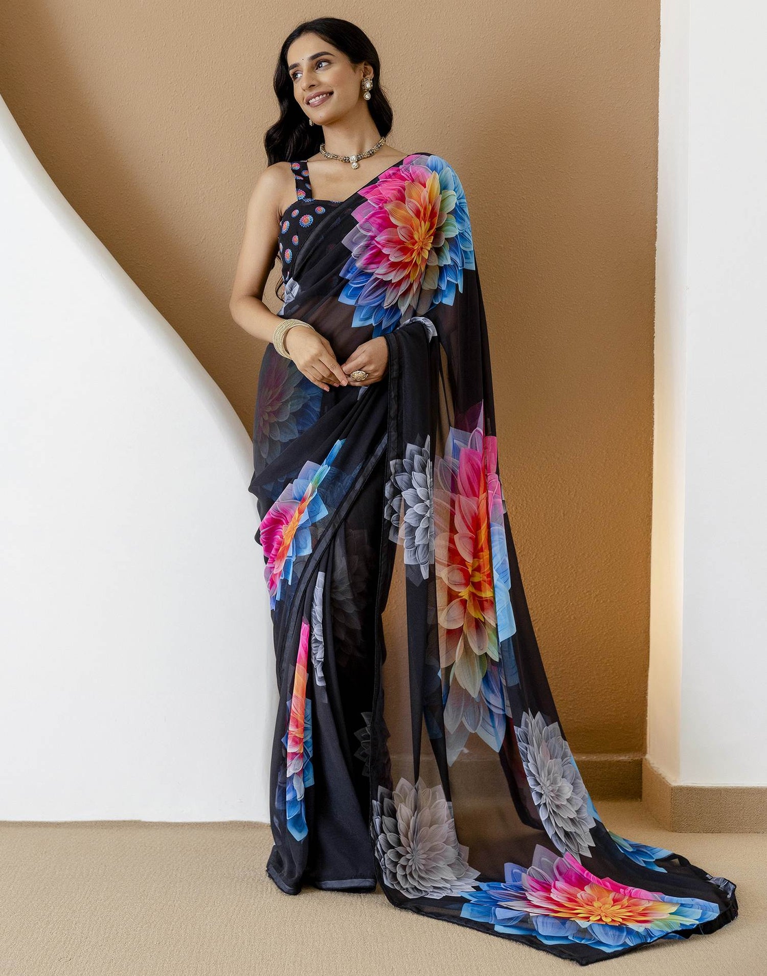 Ready To Wear Black Georgette Floral Printed Saree