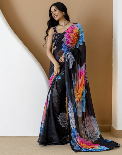 Ready To Wear Black Georgette Floral Printed Saree