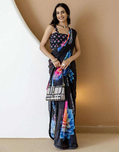 Ready To Wear Black Georgette Floral Printed Saree