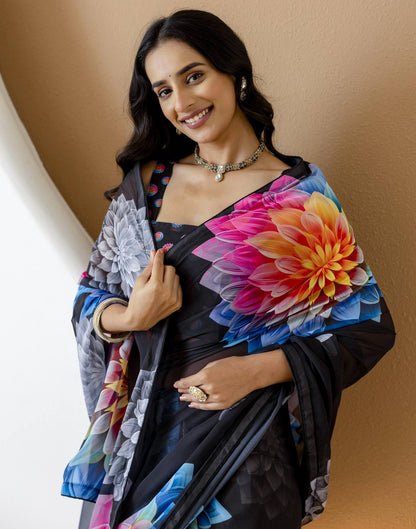 Ready To Wear Black Georgette Floral Printed Saree