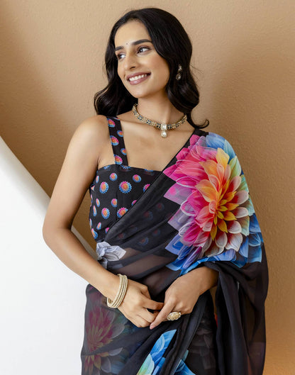 Ready To Wear Black Georgette Floral Printed Saree