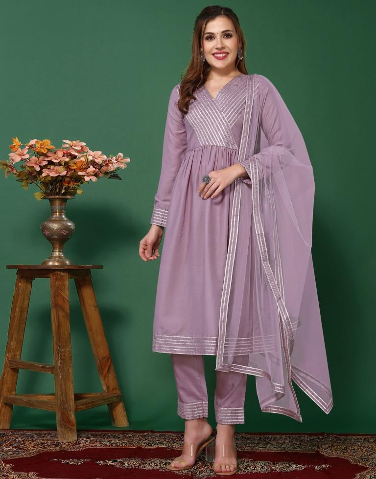 Levander Chinnon Gota Lace Flared Kurta Kurti With Pant And Dupatta | Leemboodi