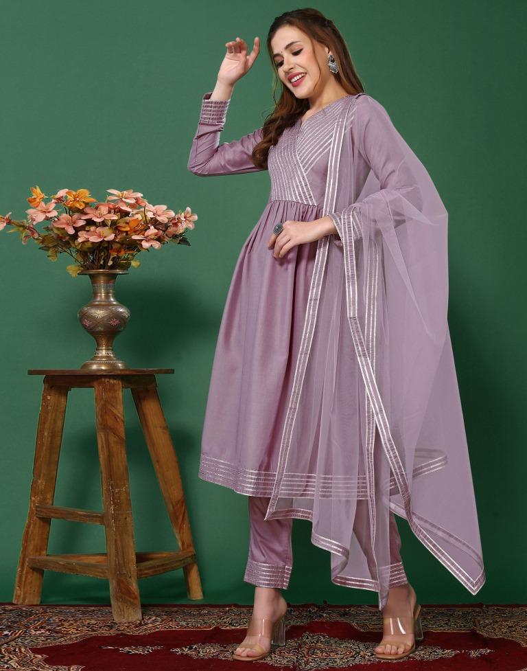 Levander Chinnon Gota Lace Flared Kurta Kurti With Pant And Dupatta | Leemboodi