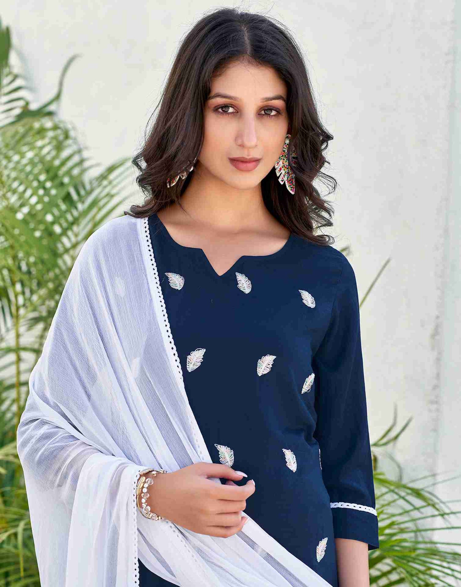 Navy Blue Embroidery Chinnon Straight kurta With Pant And Dupatta