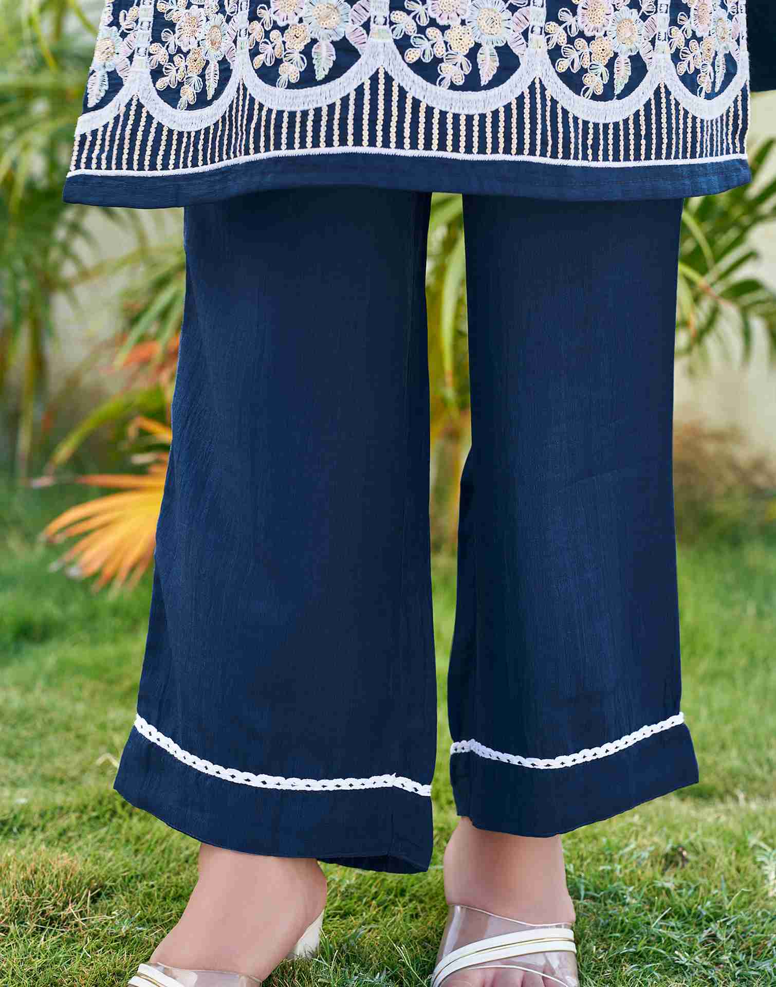 Navy Blue Embroidery Chinnon Straight kurta With Pant And Dupatta