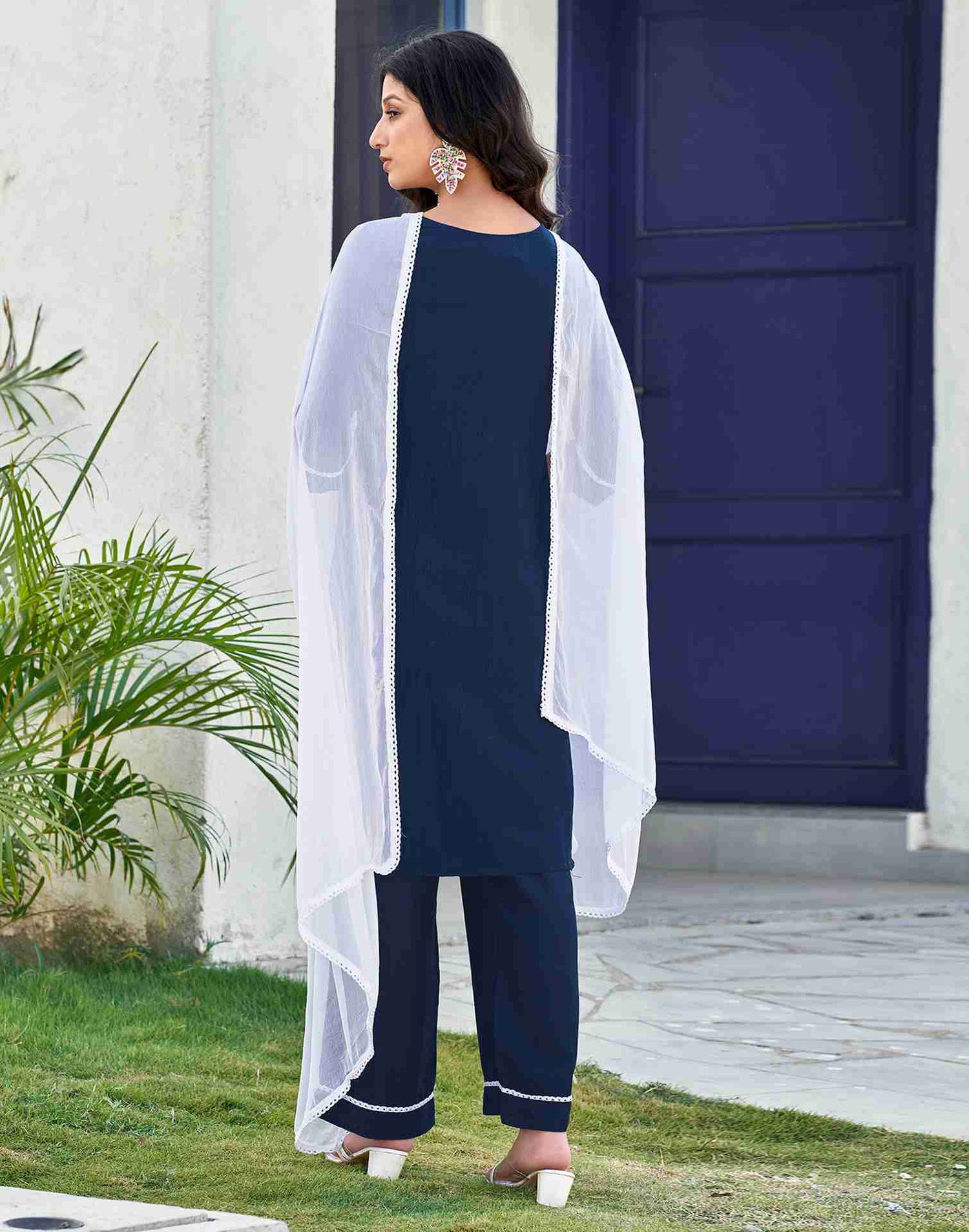 Navy Blue Embroidery Chinnon Straight kurta With Pant And Dupatta