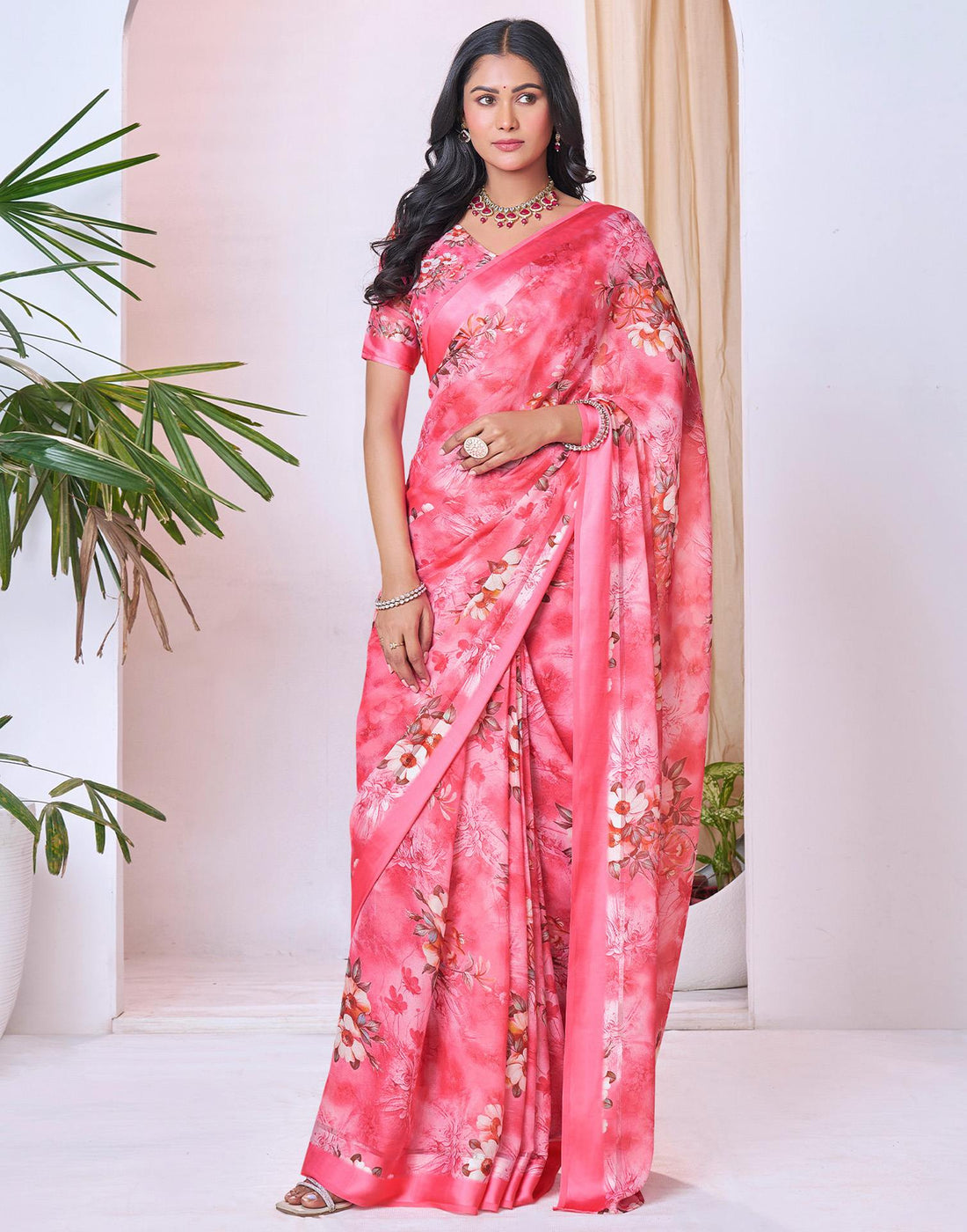 Ready To Wear Blush Pink Georgette Floral Printed Saree